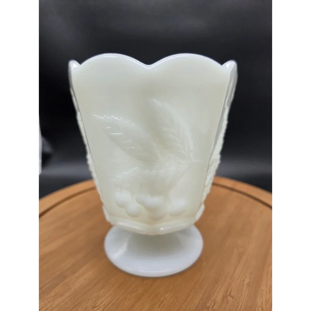 NAPCO # 1186 White Milk Glass Footed Vase Planter Embossed Grapes & Cherries‎